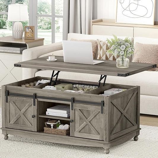 48" Farmhouse Lift Top Coffee Table with Storage Sliding Barn Door & Large Hidden Compartment, Coffee Table with Lifting Top with Wooden Lift Tabletop, Coffee Tables for Living Room, Grey-CasaMuseHome