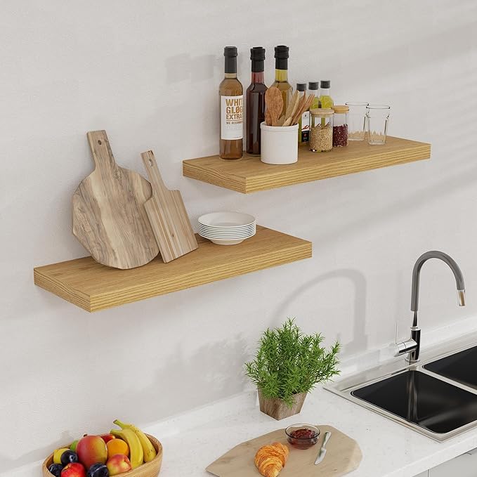 24 x 9 Floating Shelves, 9 Inch Deep Floating Shelf Wall Mounted, 24 Inch Bathroom Shelves Set of 2, Rustic Wood Wall Shelf for Bedroom, Living Room, Oak Color-CasaMuseHome
