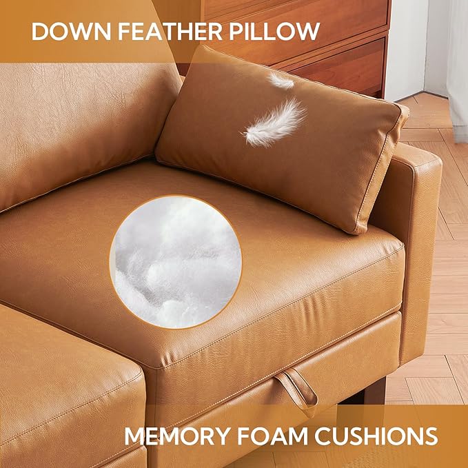 L Shape Modular Sofa, Faux Leather Sectional, 98'' 4 Seater Couch, Mid Century Modern Decor Couch, Office Sectional Sofa Bed, for House, Apartment, Living Room, Tan-CasaMuseHome