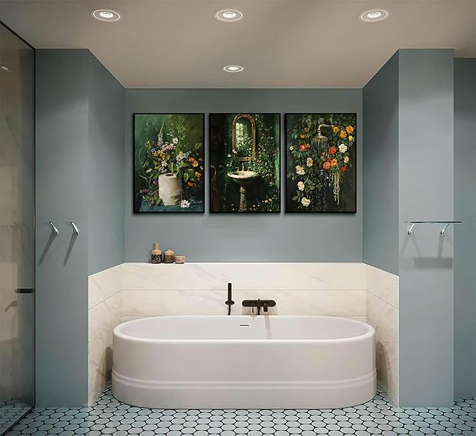3Pcs Vintage Dark Green Bathroom Wall Art Shower Toilet Paper Roll Floral Poster Print Modern Farmhouse plants Painting Picture Wall Decor For Bathroom Living Room Decoration Unframed-CasaMuseHome