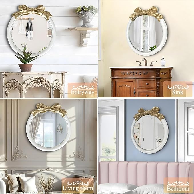 26x26 inch Bow Antique Mirrors for Wall, Round White and Gold Decorative Wall Mounted Mirror, Circle Antique Mirrors Suitable for Bedroom, Hallway, Living Room Decoration, Bathroom Sink-CasaMuseHome
