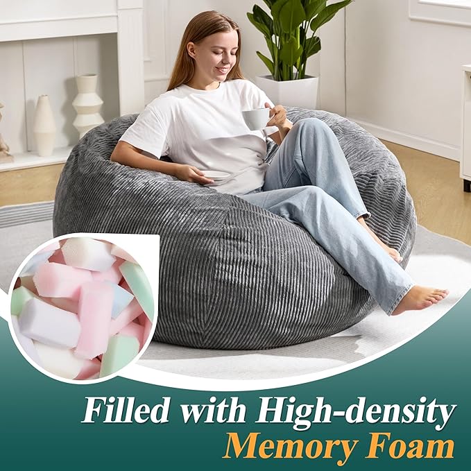 3.5FT Bean Bag Chairs Teardrop Bean Bag Chair for Adults Beanbag Chair with Memory Foam Filled Machine Washable Cover for Living Room, Bedroom (Large,Grey)-CasaMuseHome