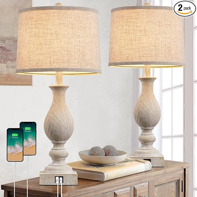 28'' Tall Farmhouse Table Lamps for Living Room, Bedroom Lamps Set of 2 with USB C+A Charging Ports, Rustic Farmhouse Nightstand Lamps for Bedside, Traditional Side Table Lamp with Fabric Shade-CasaMuseHome