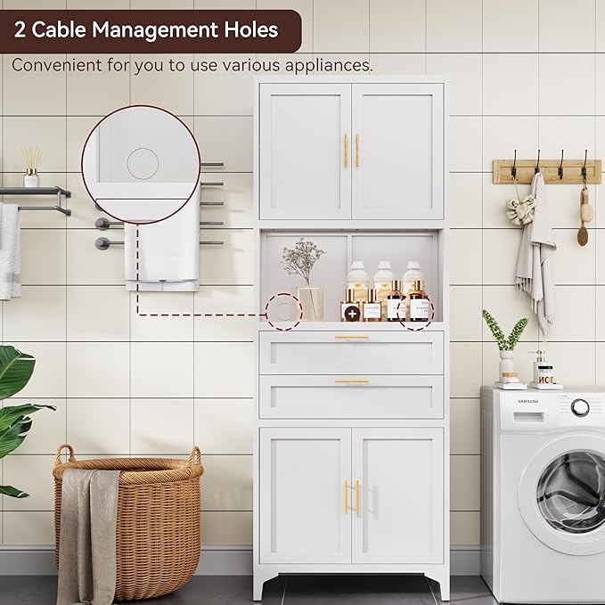 75” Tall Kitchen Pantry Storage Cabinet, Metal Bathroom Storage Cabinet with 2 Drawers and Adjustable Shelves, Kitchen Pantry Cupboard, Freestanding Cupboard for Bathroom, Living Room (White)-CasaMuseHome