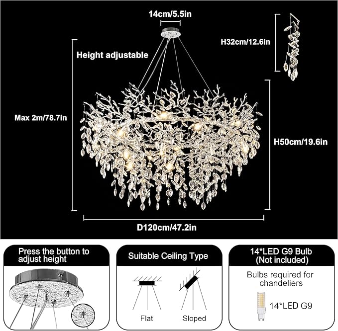 14-Light Modern Living Room Crystal Chandeliers,48" Round Silver Tree Branche Chandelier,Silver K9 Crystal Chandeliers for Dining Room,High Ceiling,Entryway、Foyer-CasaMuseHome