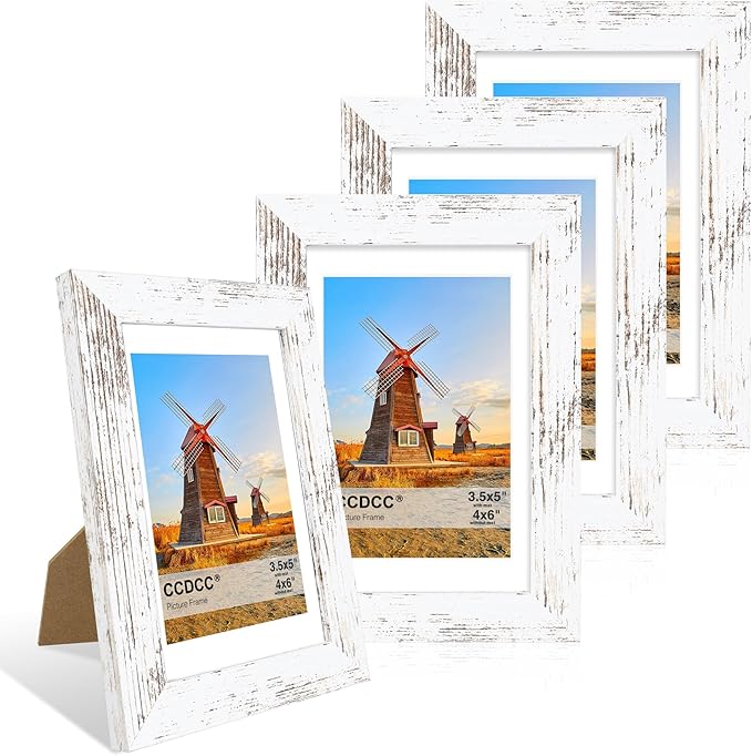 4x6 Picture Frame Set of 4, 4 x 6 Wood Photo Frames with Mat for 3.5x5, Rustic Natural Wooden Frame with Real Glass Cover for Wall and Tabletop Display,Distressed White-CasaMuseHome