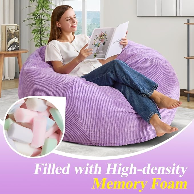 3.5FT Bean Bag Chairs Teardrop Bean Bag Chair for Adults Beanbag Chair with Memory Foam Filled Machine Washable Cover for Living Room, Bedroom (Large,Purple)-CasaMuseHome