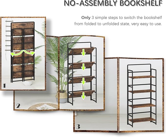 4NM No Assembly Foldable Bookshelf, 4-Shelf Collapsible Bookcase Storage for Small Spaces, 54" H, Rustic Brown and Black-CasaMuseHome