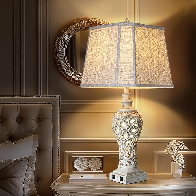 32" Tall Table Lamps Set of 2 - Bedside Lamp with Fabric Shades - for Bedroom and Living Room with USB and Nightlight - Perfect for Nightstands and Bedrooms - Bulbs Included-CasaMuseHome