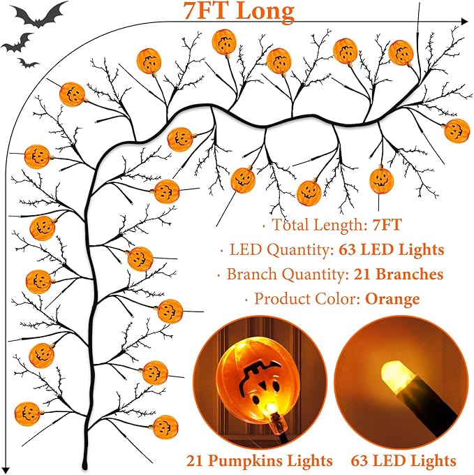 7 Ft 63 LED Halloween Decorations Willow Vine Twig Garland with 8 Modes Timer 21 Pumpkin Orange Lights, Halloween Garland with Waterproof Battery Operated for Indoor Wall Fireplace Decorations-CasaMuseHome