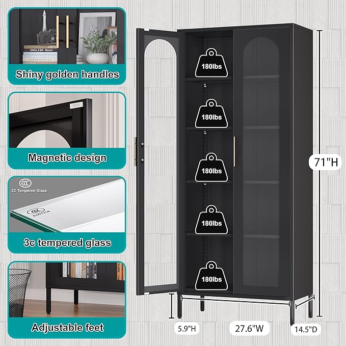 71" Tall Display Cabinet, 5-Tier Bookshelf with Doors & Adjustable Shelf, Modern Storage Cabinets Ideal for Book, Wine, Collectibles, Free Standing Bookcase for Home, Office, Living Room-CasaMuseHome