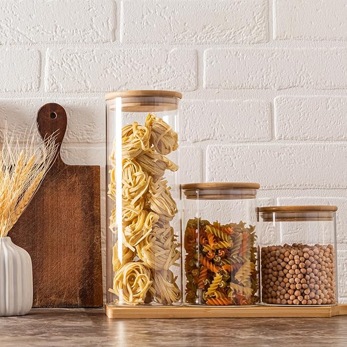 73oz Glass Pasta Storage Jars, Tall Glass Jars with Bamboo Lids, Spaghetti Container, Set of 3, Kitchen Storage Containers for Pasta, Pantry Organizers-CasaMuseHome