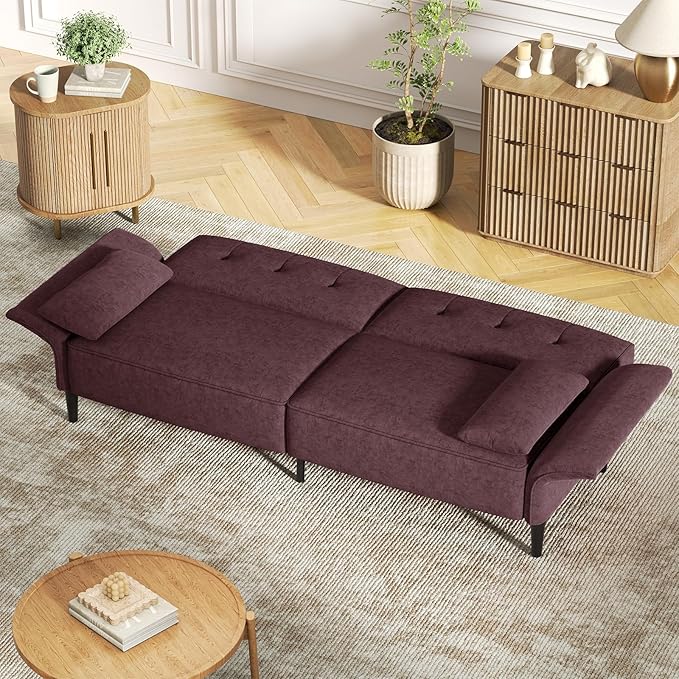 89” Futon Sofa Bed, Velvet Fabric Comfy Futon Couch Bed with 2 Square Pillows, Convertible Sleeper Sofa with Adjustable Backrest& Armrests, Modern Loveseat Sleeper for Living Room, Burgundy-CasaMuseHome