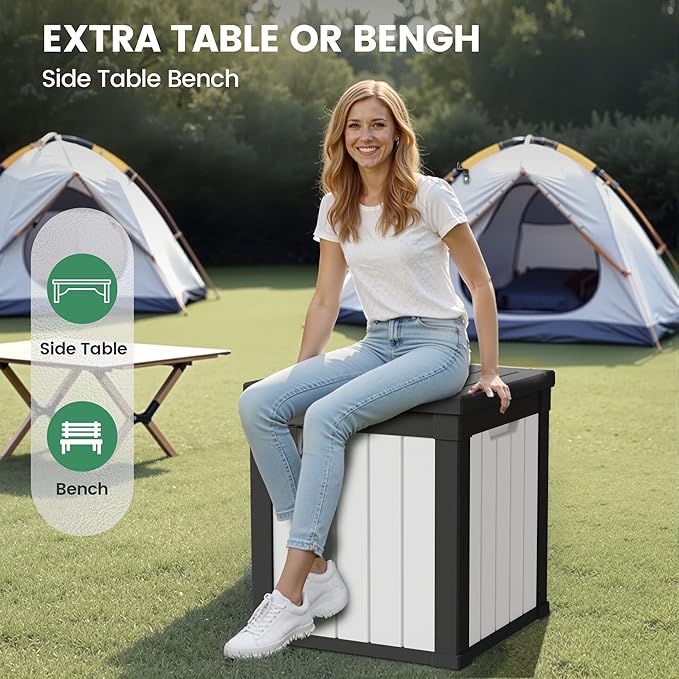 50 Gallon Storage Box, Waterproof Deck Box for Indoor & Outdoor Use, Lockable Pool Storage Bin for Package Delivery, Outdoor Bench for Patio Cushions, Garden Tools, Backyard, Black & White-CasaMuseHome