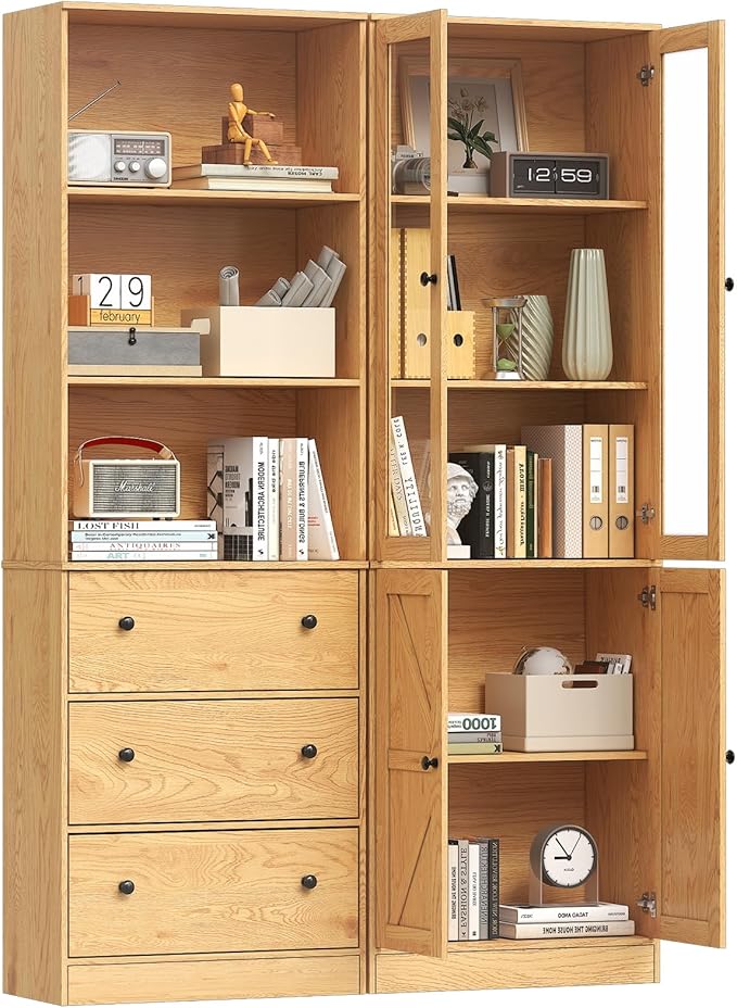 71" Tall Bookshelves Set of 2, Bookcase with Drawers & Bookshelf with Doors, Wooden Bookshelves Floor Standing Display Storage Shelves Home Decor Furniture for Home Office, Living Room,Natural-CasaMuseHome