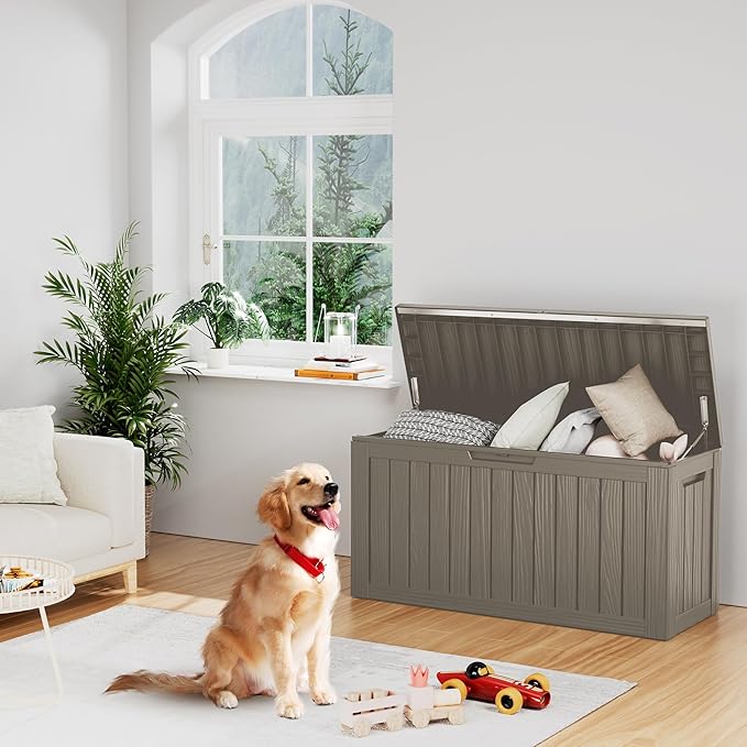 80 Gallon Outdoor Storage Box Waterproof Lockable Resin Deck Box Large, Patio Storage Bin for Pool Accessories Cushion Furniture, Garden Tools, UV-Resistant Outside Delivery Grey-CasaMuseHome