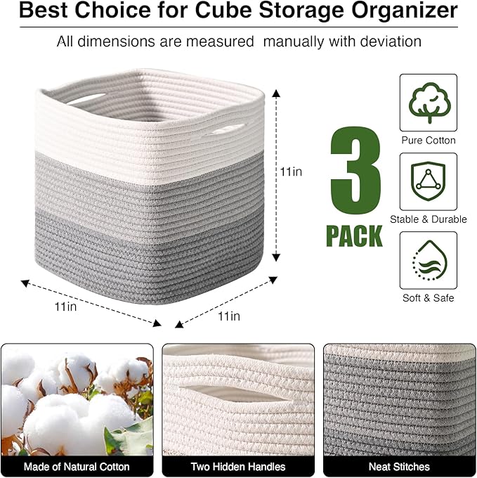11 Inch Cube Storage Bins, Storage Cube Organizer Bins, Woven Cotton Rope Basket for Storage, Storage Baskets for Organizing Shelves, Grey Baskets for Toys, Gradient Grey (Pack of 3)-CasaMuseHome