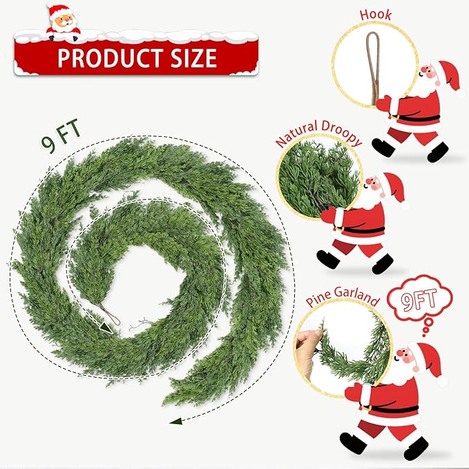 9 Ft Real Touch Christmas Garland Indoor with Pine Cone,Thick and Lush，Soft Bendable Mantle Garland Christmas, Lifelike Cedar Garland, Christmas Garland for Mantle,Indoor Christmas Decorations-CasaMuseHome