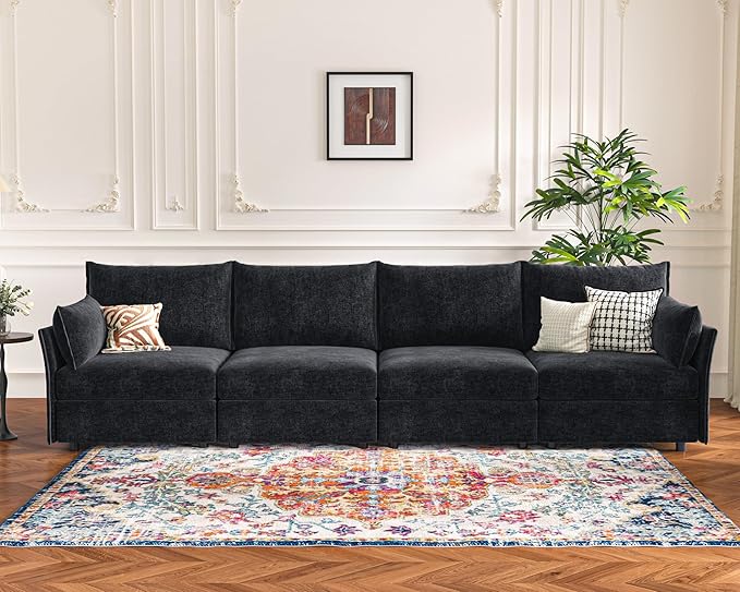 134.6" Modular Sectional Sofa, Oversized 4 Seater Couch with Removable Black Chenille Fabric Cover, Deep Seat & High Backrest for Living Room, Office & Apartment-CasaMuseHome