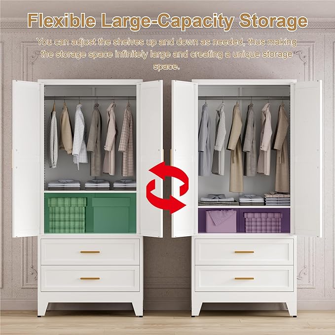 71'' Farmhouse Metal Wardrobe Cabinet with Hanging Rod, 2 Barn Door Wardrobe Closet with Adjustable Shelves,2 Drawer,for Dining Room,Bedroom,Living Room, Cloak Room,Office (White)-CasaMuseHome