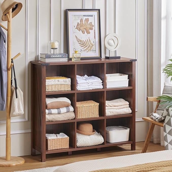 9 Cube Bookcase, Farmhouse 47 Inch Wide Brown Walnut Bookshelf, Wooden 3 Tier Display Large Open Book Shelf, Vintage Horizontal Book Case for Home Office, Cubby Storage Cabinet for Living Room-CasaMuseHome