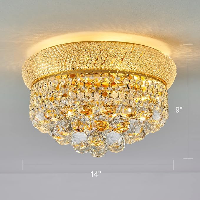 5-Light Crystal Flush Mount Chandelier Ceiling Light Fixture for Living Room Dining Room Bedroom Foyer Entryway Hallway Closet Bathroom (Gold D14)-CasaMuseHome