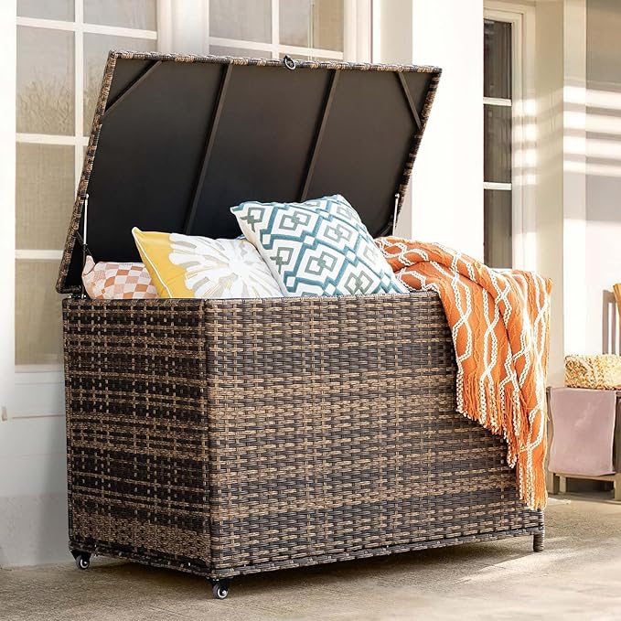 178 Gallon Outdoor Storage Box, Handle Large Portable Wicker Rattan Deck Box for Patio Furniture Cushions, Patio Deck Box with 2 WheelsThrow Pillows, Garden Tools and Pool Floats (Brown)-CasaMuseHome