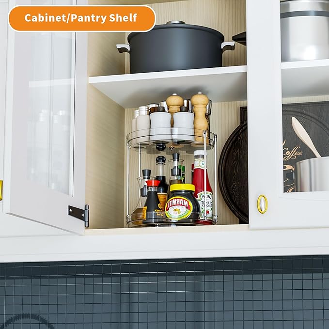 2 Tier Lazy Susan Turntable for Cabinet,Countertop,Pantry,9.5"W Spinning Seasoning Organizer,Double Rotating Kitchen Spice Rack Organizer and Condiments,Medicine,Vitamin Bottle Organizer Carousels,2Pc-CasaMuseHome