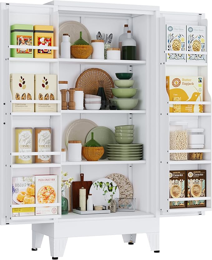 51" H Metal Kitchen Pantry Storage Cabinet, Freestanding Cupboard Storage Cabinet with Doors and Adjustable Shelves, Large Stand Up Food Cupboard for Living Room, Dinning Room, White-CasaMuseHome