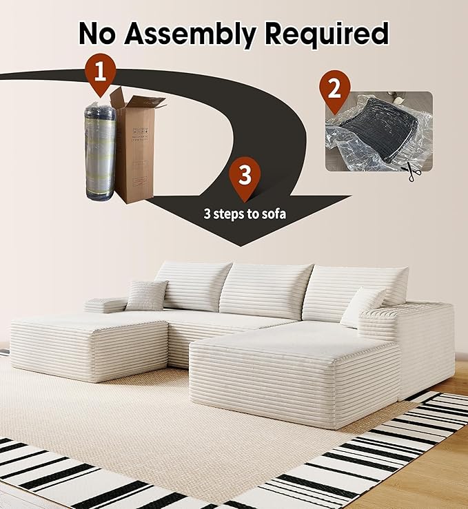 108" Sectional Couches for Living Room Modern Modular Sofa with L-Shape Couchs Upholstered Boneless Couch Deep Seat Sectional Couch with Chaise (White, Right Facing Chaise+2Seaters+1Ottoman)-CasaMuseHome