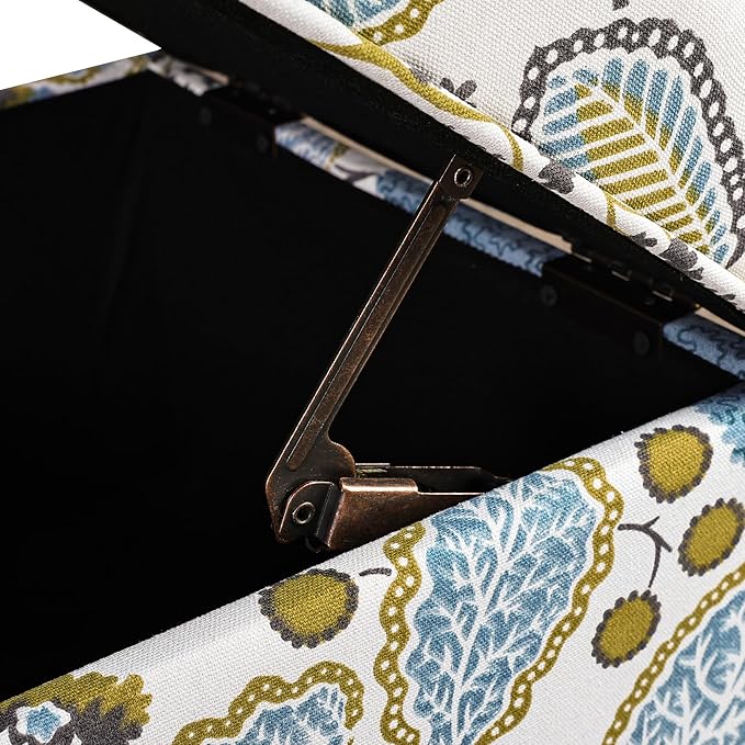 Adeco 18 Inch High Cube Ottoman Storage, Linen Chair Foot Stools, Upholstered Vanity Stool with Hinged Lid, Solid Wood Legs (Blue Leaves)-CasaMuseHome