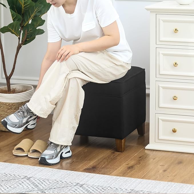 Adeco 17.5" Square Fabric Ottoman with Storage - Upholstered Cotton Linen Foot Rest - Flip Top Footstool with Sturdy Wood Legs, Small Cube Coffee Table Extra Seat for Living Room, Bedroom, Black-CasaMuseHome