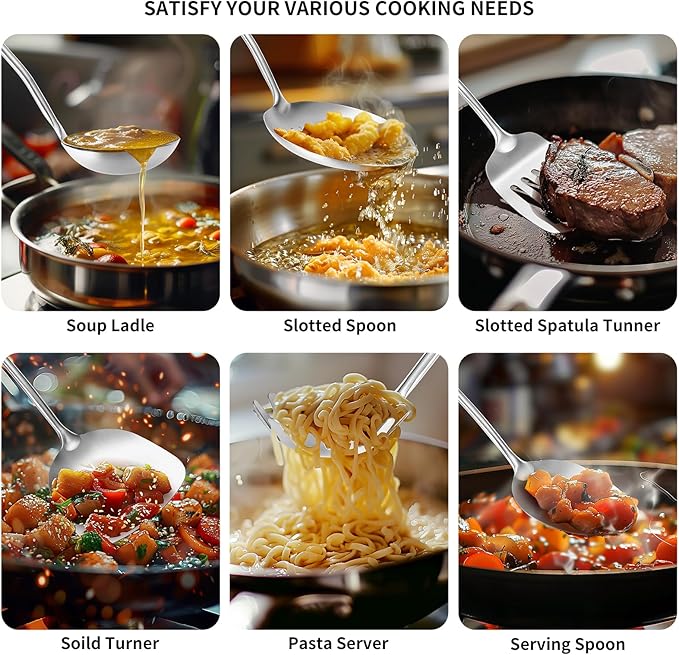 304 Stainless Steel Cooking Utensil,Kitchen Kitchen Utensil with Spatula, Solid Spoon, Ladle, Skimmer, Spaghetti Spoon, 6 Piece Set, Dishwasher Safe-CasaMuseHome