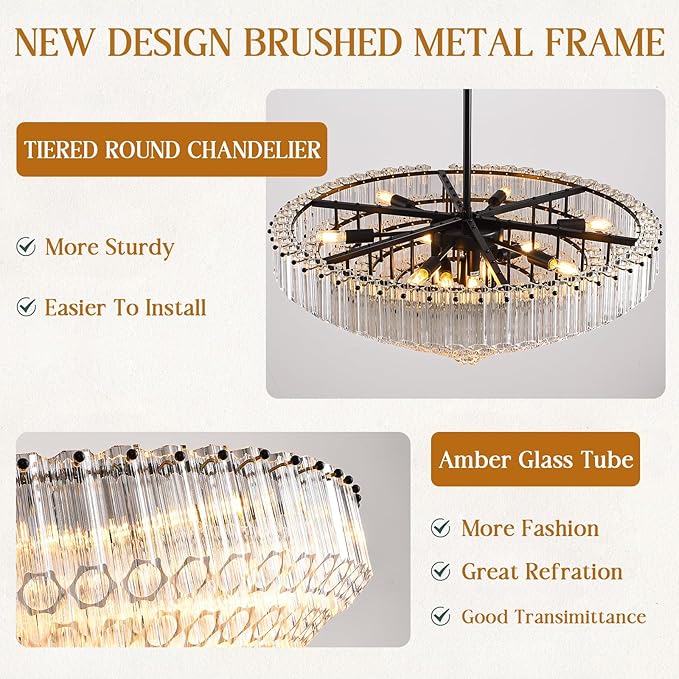 30" Modern Dining Room Chandeliers, 13-Light Clear Crystal Chandeliers, Dimmable Blown Glass Chandelier for Living Room, Round Large Chandelier for High Ceiling, Bedroom, Entryway, Staircase-CasaMuseHome
