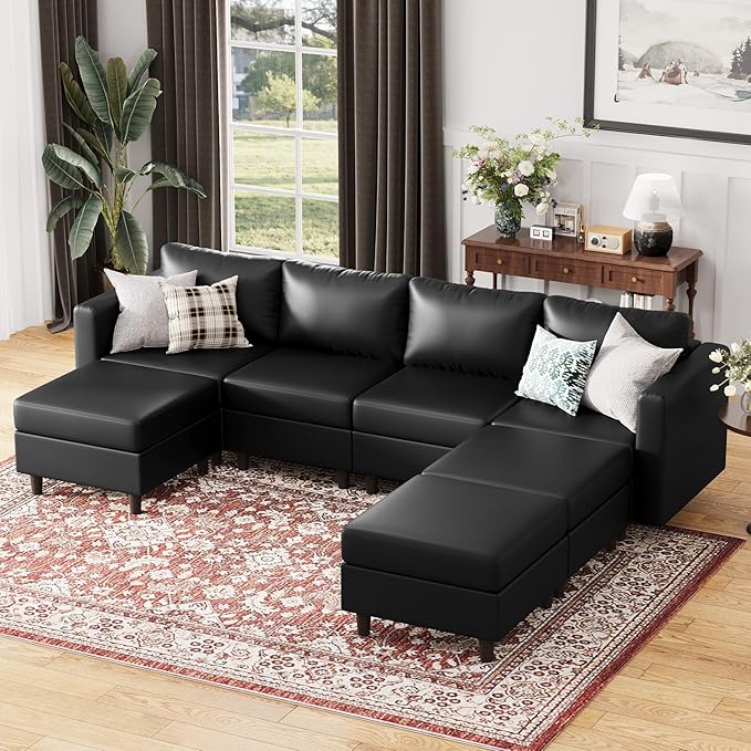 ABCASA 118.5" Faux Leather Modular Sectional Sofa, 7 Seater U Shaped Couch with Storage Seat with Reversible Chaise Deep Seat for Living Room Black-CasaMuseHome