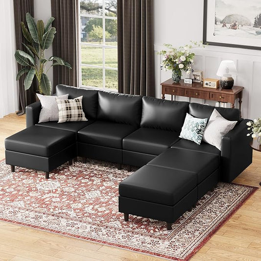 ABCASA 118.5" Faux Leather Modular Sectional Sofa, 7 Seater U Shaped Couch with Storage Seat with Reversible Chaise Deep Seat for Living Room Black-CasaMuseHome