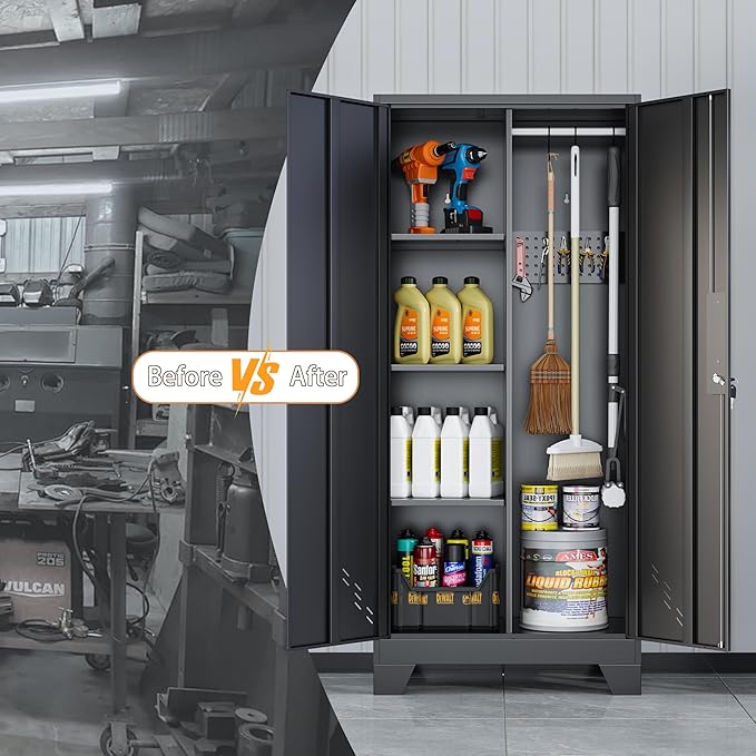 61" H Metal Storage Cabinet, Utility Cabinets with Locking Doors, Laundry Cabinet with Hanging Rod, Garage Tool Storage Cabinets for Home Office, Garage, Bathroom (Black)-CasaMuseHome