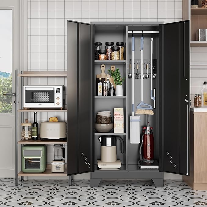 61" H Metal Storage Cabinet, Utility Cabinets with Locking Doors, Laundry Cabinet with Hanging Rod, Garage Tool Storage Cabinets for Home Office, Garage, Bathroom (Black)-CasaMuseHome