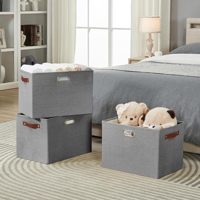 3-Pack Foldable Fabric Storage Bins with Durable PU & Metal Handles, Collapsible Storage Baskets for Shelves, Home Storage, Closet Organizers, Living Room(17"x11.8"x11.8", Grey)-CasaMuseHome
