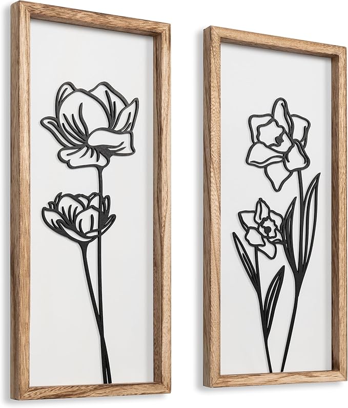 3D Black and White Wall Art (Set of 2) Lightweight, Wooden Ready-to-Hang Framed Floral Wall Art for Bathroom, Bedroom, Living Room or Office – Boho Botanical Farmhouse Decor – Gift-Boxed-CasaMuseHome