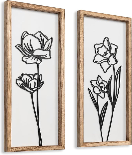 3D Black and White Wall Art (Set of 2) Lightweight, Wooden Ready-to-Hang Framed Floral Wall Art for Bathroom, Bedroom, Living Room or Office – Boho Botanical Farmhouse Decor – Gift-Boxed-CasaMuseHome