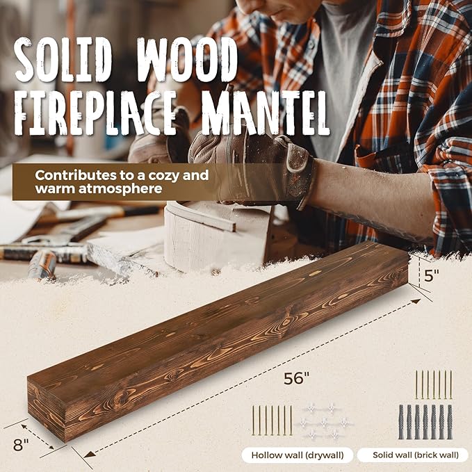 56x8x5 Fireplace Mantel - Handcrafted Hollow Rustic Solid Wood Wall Mounted Floating Shelf with Invisible Heavy Duty Wood Bracket (Weathered Brown)-CasaMuseHome