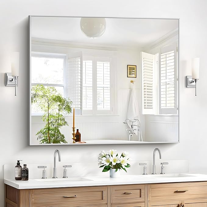 40x48inch Silver Bathroom Mirror, Silver Rectangle Mirror with Frame, Large Rectangular Wall Mirrors for Bathroom, Living Room, Hair Salon, Big Farmhouse Mirror Hang Horizontal/Vertical-CasaMuseHome