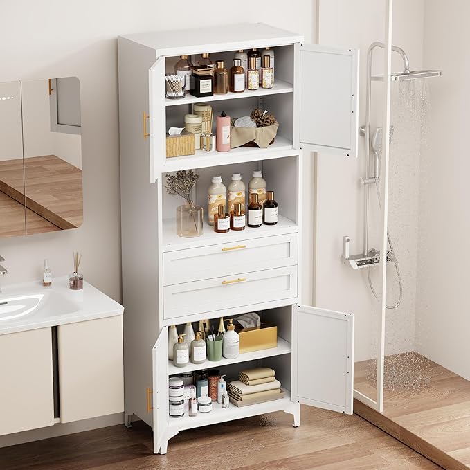 75” Tall Kitchen Pantry Storage Cabinet, Metal Bathroom Storage Cabinet with 2 Drawers and Adjustable Shelves, Kitchen Pantry Cupboard, Freestanding Cupboard for Bathroom, Living Room (White)-CasaMuseHome