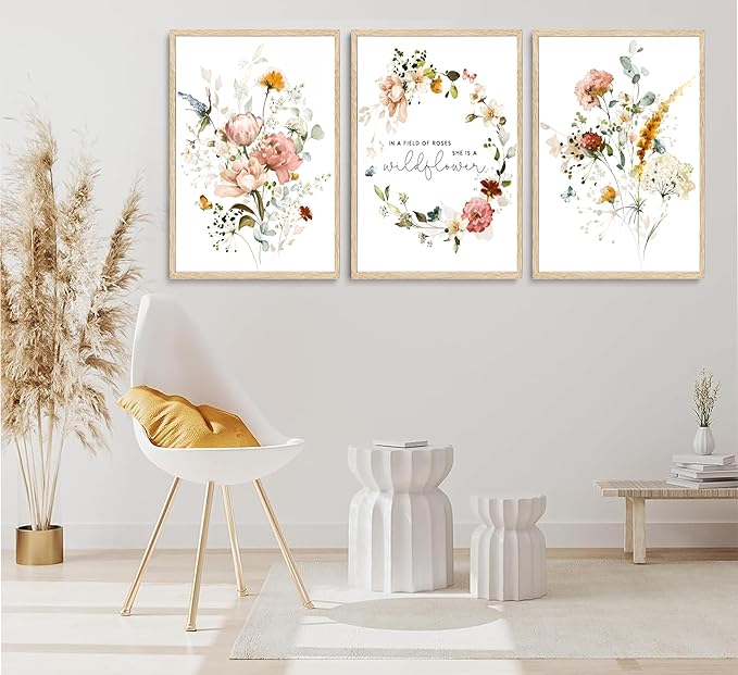 3Pcs Pink Flowers Canvas Wall Art In A Field Of Roses She Is A Wildflower Painting Picture Decor Watercolor Wreath Poster Print Artwork for Nursery living room Girls Room Home Decoration Unframed-CasaMuseHome