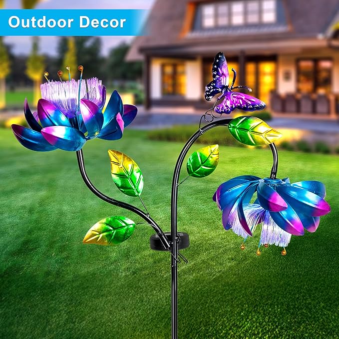 50'' Solar Powered Kinetic Wind Spinner Sculpture Blue Lotus Metal Stake Spinner for Patio, Lawn and Garden Decor Weather Resistant Outdoor Art with Dual Lotus with Butterfly Design-CasaMuseHome
