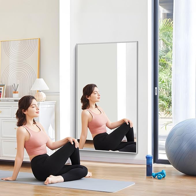 30x55In Silver Bathroom Mirror for Wall, Brushed Nickel Rectangle Mirrors with Metal Frame, Bathroom Rectangular Mirror Modern Wall Mirror for Bedroom Living Room, Hangs Horizontal or Vertical-CasaMuseHome