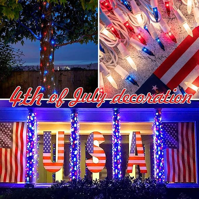 100LIGHTS RED White and Blue Extra-Bright with End Connectors 4th July Decoration Patriotic Mini String Lights 5.98m UL Certified Waterproof for Home Garden Holiday Tree Party Patio-CasaMuseHome