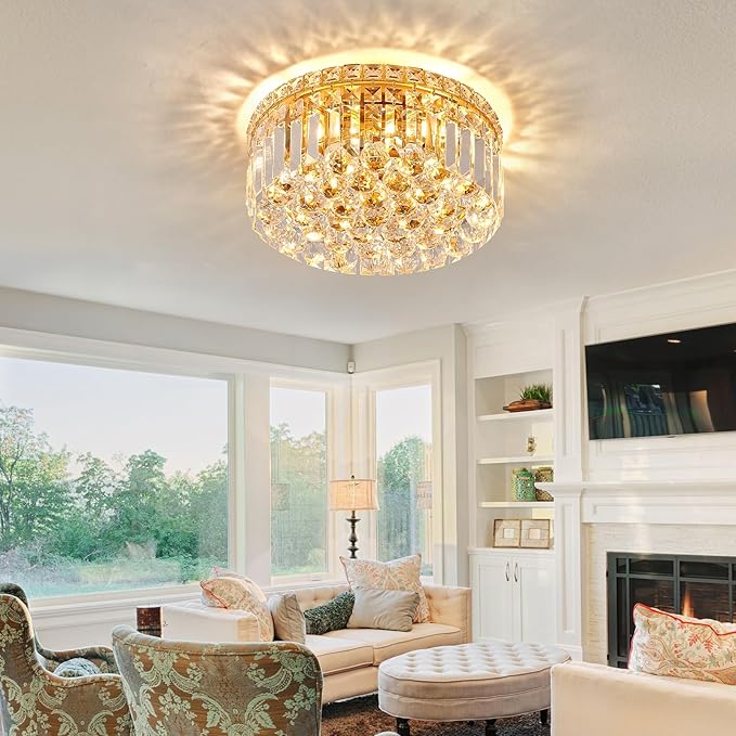 4-Light Gold Crystal Chandeliers Flush Mount Chandelier Light Fixture with K9 Crystals Modern Ceiling Lights Elegant Round Lamp for Bedroom,Hallway,Bar,Living Room,Dining Room,H5.9 xW13.7-CasaMuseHome