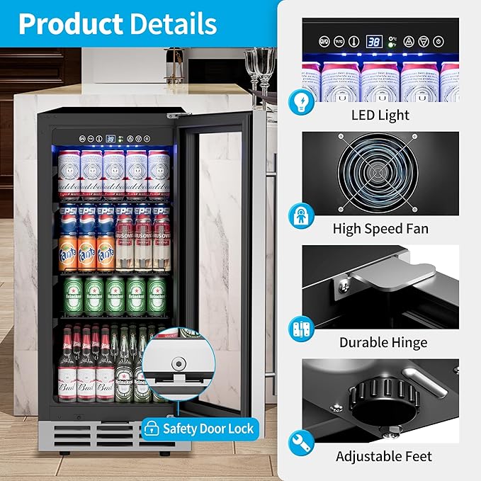 15 Inch Beverage Refrigerator Under Counter - 126 Cans Beverage Fridge with Glass Door for Beer Wine Soda - Built-in or Freestanding Wine Cooler with Safety Lock for Home Kitchen Bar-CasaMuseHome